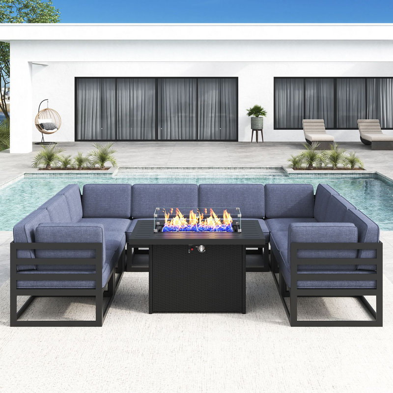 9 - Piece Outdoor Modular Sectional Set with Fire Table, Navy Blue