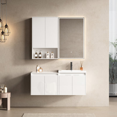 Meuble-lavabo 48 po avec lavabo en résine, système de porte à fermeture douce, 1 armoire murale et 1 armoire latérale, conception à fixation flottante en quincaillerie en contreplaqué blanc brillant, conception de montage, installation