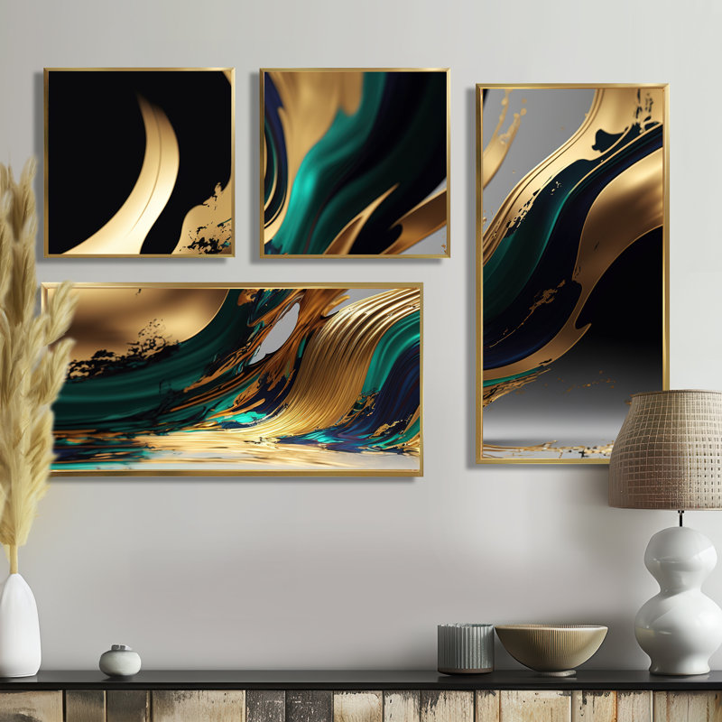 «Green Agate II» - Grand art mural abstrait transitionnel 4 pièces, Impression encadrée sans passe-partout, Doré