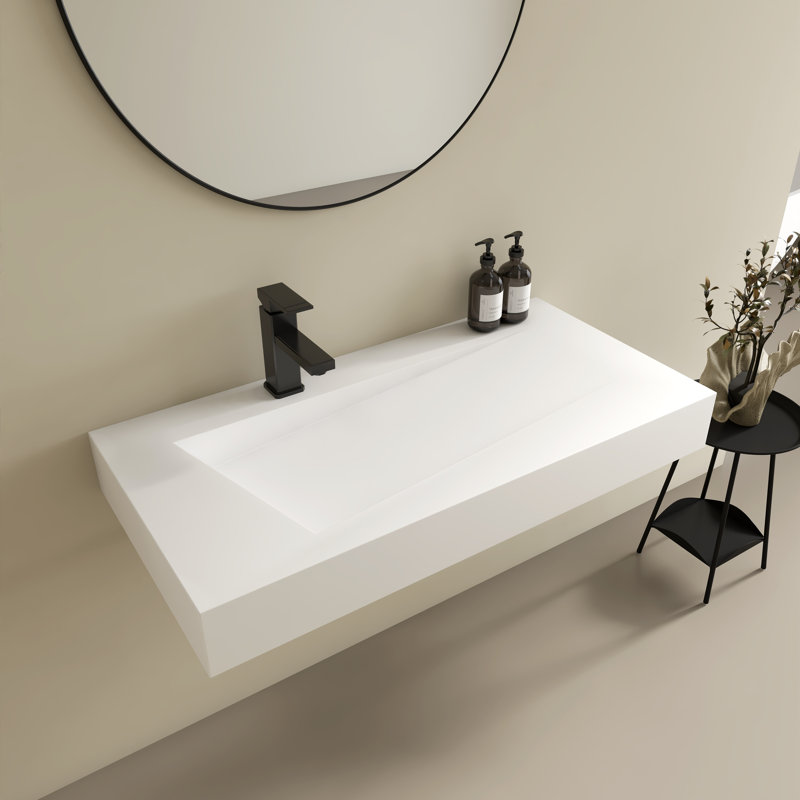 Lavabo de salle de bain mural 35 "en forme de V en résine flottante durable en pierre avec trou de robinet