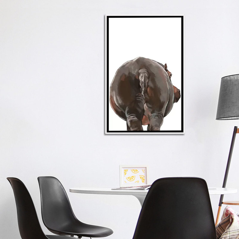 Art hippopotame, Toile blanche encadrée, H 48 po x l 32 po x P 1,5 po