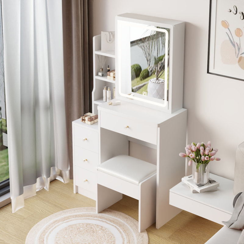 29.2" Small Size Left Bedside Cabinet Vanity Table + Cushioned Stool, Large Sliding, Touch Control, Tri-Color Switching, Brightness Adjust LED Mirror, High Capacity Storage
