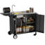 Chariot de barbecue noir roulant avec évier, table de barbecue pliable en métal avec armoire de rangement pour patio