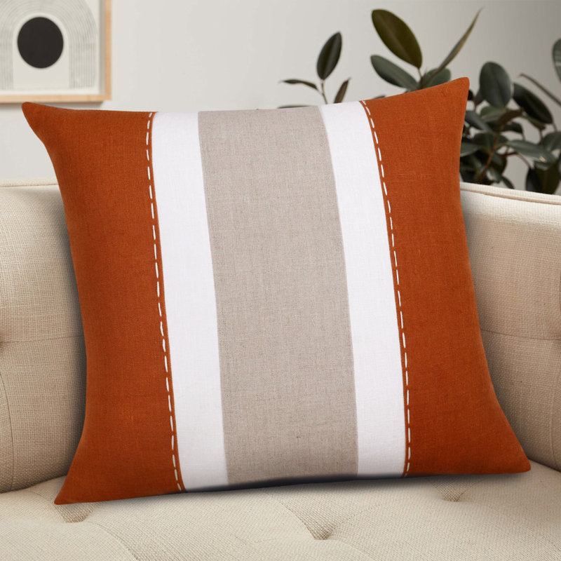 Housse de coussin carré rayée en lin, Rouille / Gris, polyester