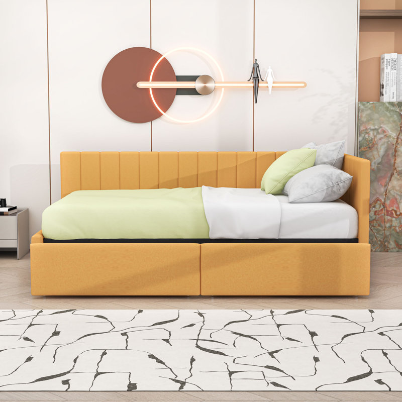 Twin Size Upholstered Daybed with Storage Drawers, Yellow
