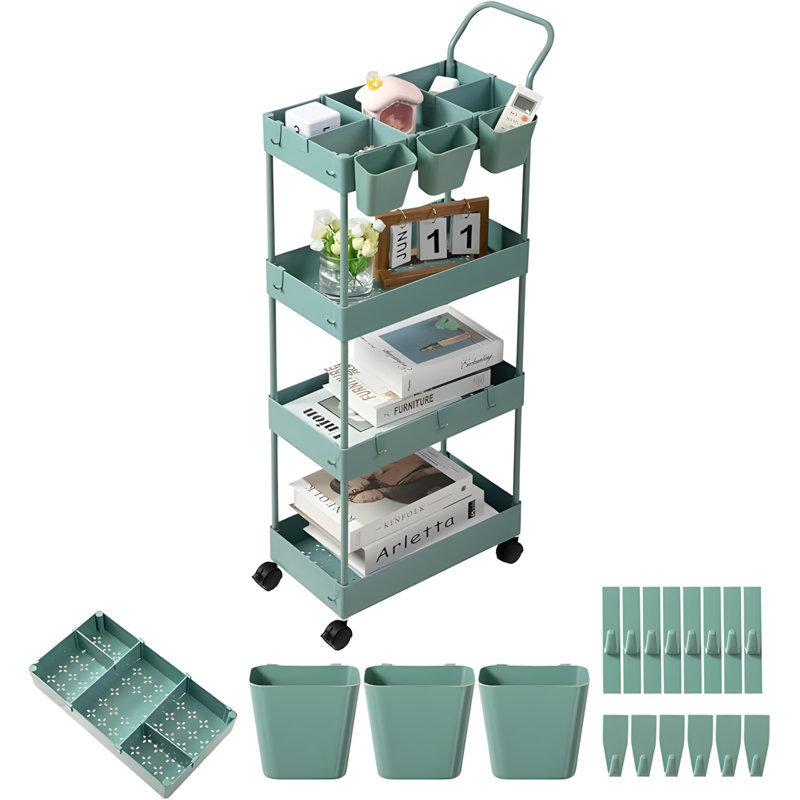 Chariot de rangement mince à roulettes avec crochets, tasses suspendues et cloisons - Chariot utilitaire étroit à 4 niveaux sur roulettes pour salle de bain, buanderie, cuisine et petits espaces - Tablettes réglables et roulettes verrouillables