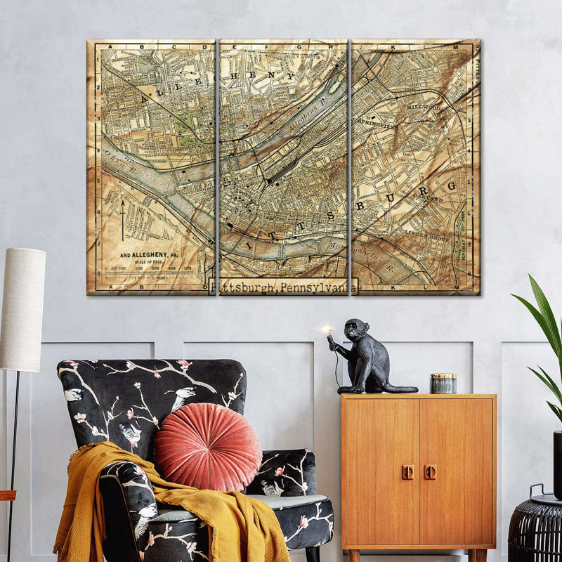 " Vintage Pittsburgh City Map " 3 Piece Art Set, 20" H x 33" W x 1.25" D