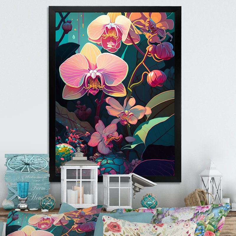«Blossoming Orchid in Bright Retro Colors», reproduction sur toile, Toile avec cadre photo noir, H 20 po x l 12 po x P 1 po