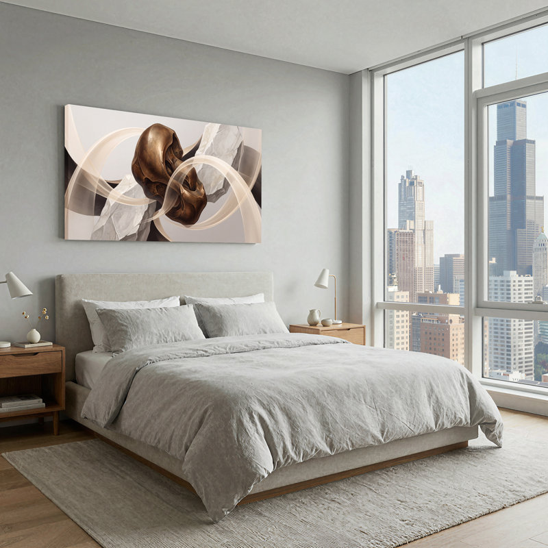 Art mural sur toile, crâne en bronze et rubans beiges avec cristaux blancs