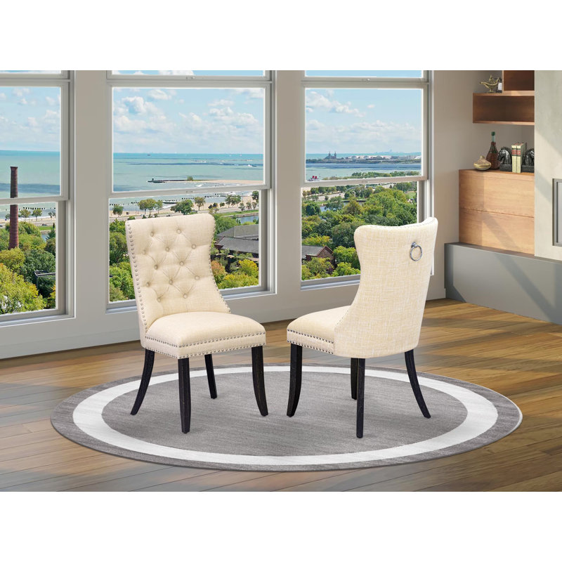 Dallas Parson Dining Room Chairs - Button Tufted Nailhead Light Beige Polyester Fabric Padded Chairs, Set of 2, Sand Blasted Black