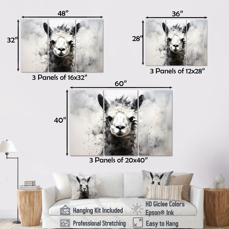 «Blakc» et blanc, minimalisme, Alpaca I, ensemble d'art sur toile Alpacas, H 32 po x l 48 po