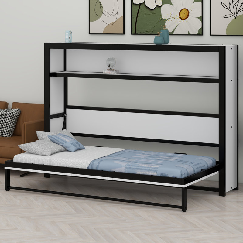Lit escamotable avec tablettes, lit escamotable en métal au design pliable et peu encombrant