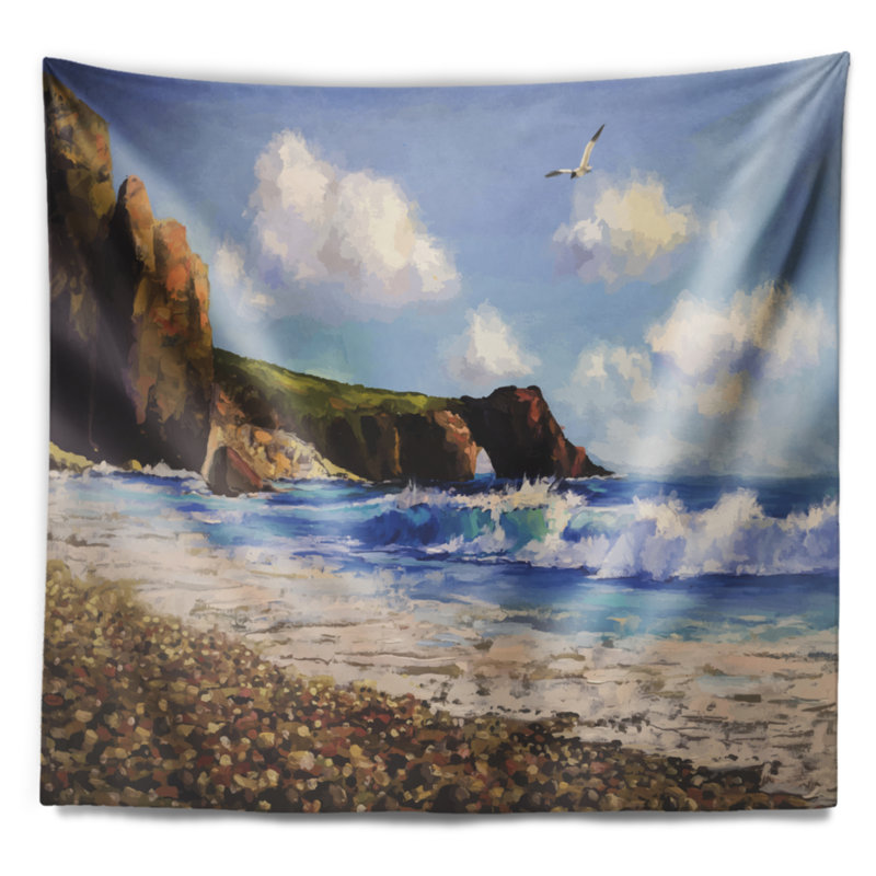 Mer de paysage avec tapisserie de mouette, H 32 po x l 39 po