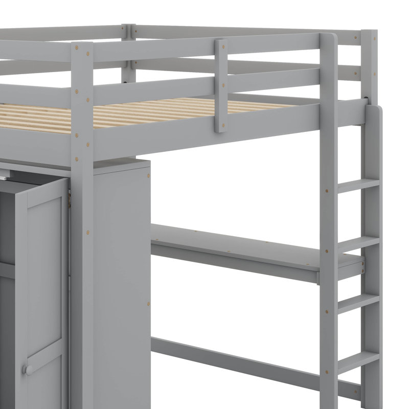 Lit mezzanine en bois pleine grandeur avec garde-robe intégrée, bureau, tablettes de rangement à 2 niveaux et 3 tiroirs, structure de lit mezzanine en bois massif