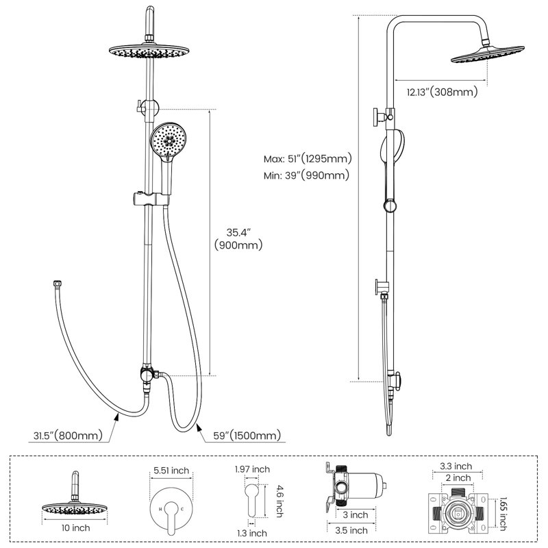 Système de douche de pluie 10 po avec support réglable à 3 fonctions, Noir