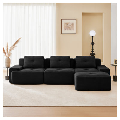 117" Modern L-Shaped Modular Sectional Sofa for Living Room, Corduroy Fabric, 3-Seater Couch with Deep Seat and Movable Ottoman, Pearl-like piping, Tufted Design, No Assembly, Anti-slip Design, Black