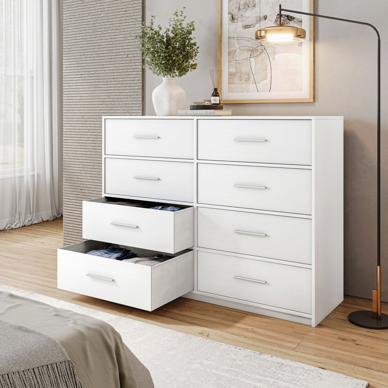 Commode 8 tiroirs avec grands tiroirs en tissu, blanc