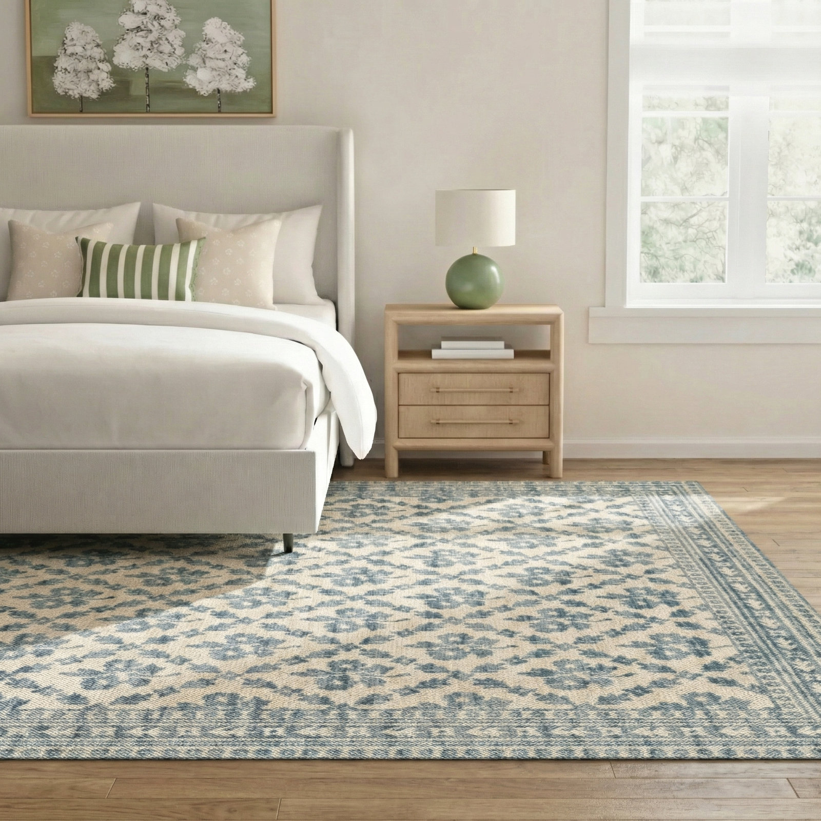 Anders Traditional Floral Wool and Nylon Blue Area Rug, Rectangle 7'9" x 9'10"