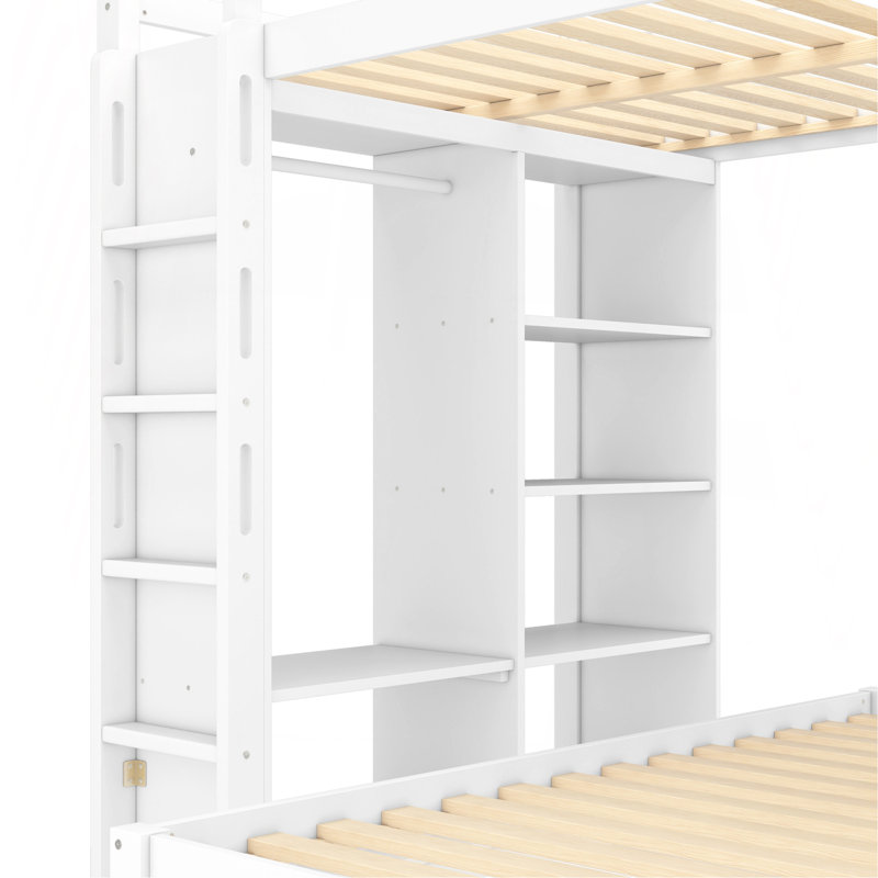 Full XL/Full Over Twin Bunk Bed With Dismountable Lower Bed And Desk, Solid Wood Bunk Beds Frame With Built-In Shelves And Wardrobe, Can Be Converted Into Loft Bed, White