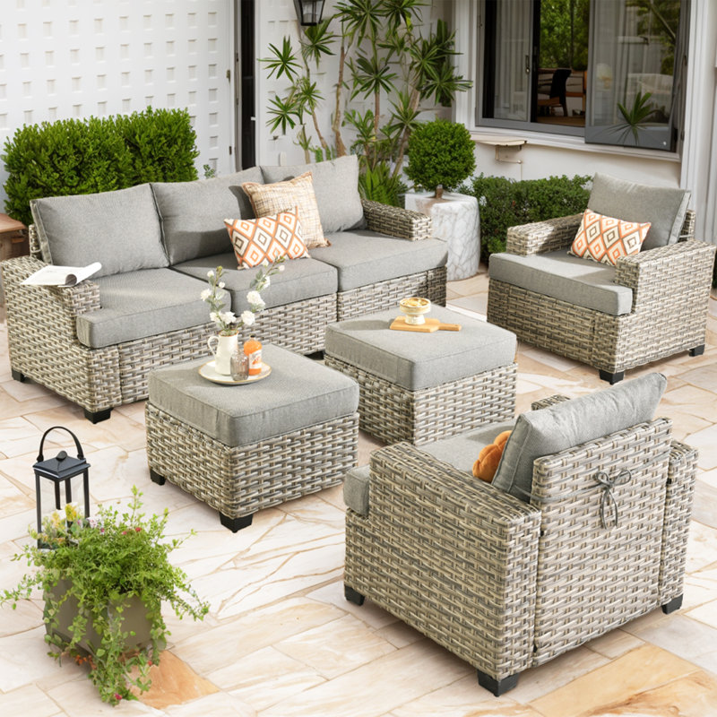 Ensemble de conversation pour 7 personnes avec chaises, ensemble de conversation modulaire en rotin et osier avec coussins, ensemble de conversation pour canapé toutes saisons avec repose-pieds pour jardin