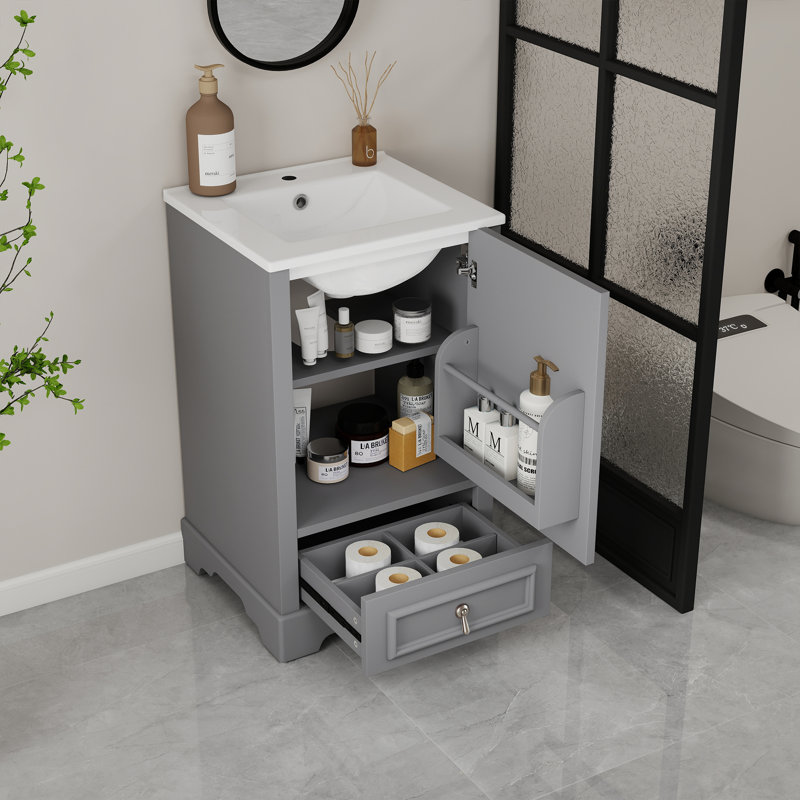 Meuble-lavabo de 20 po avec lavabo, armoire de salle de bain avec porte à fermeture douce, support de rangement et tiroir