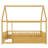 Full Size Floor Wooden Bed With House Roof Frame, Fence Guardrails(Full,Natural)-1880682350