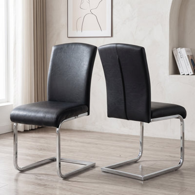 Modern Faux Leather Dining Chairs Set of 2, Upholstered Kitchen & Dining Room Chairs with High Back, Sled Base Metal Legs Frame, Comfortable Side Chairs for Living Room, Office, Black