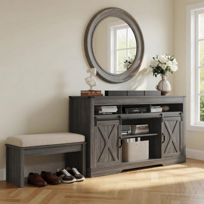 58" Dark Grey Farmhouse Tv Stand For 65"+ Tv With Sliding Barn Doors & Storage