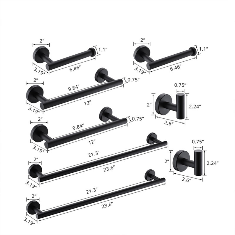 Stainless Steel Wall Mounted Bathroom Hardware Set (8 pcs), Black
