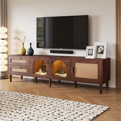Rattan TV Stand With 3 Cabinets & 2 Drawers, Media Console Table For Tvs Up To 80" With LED Light, Entertainment Center