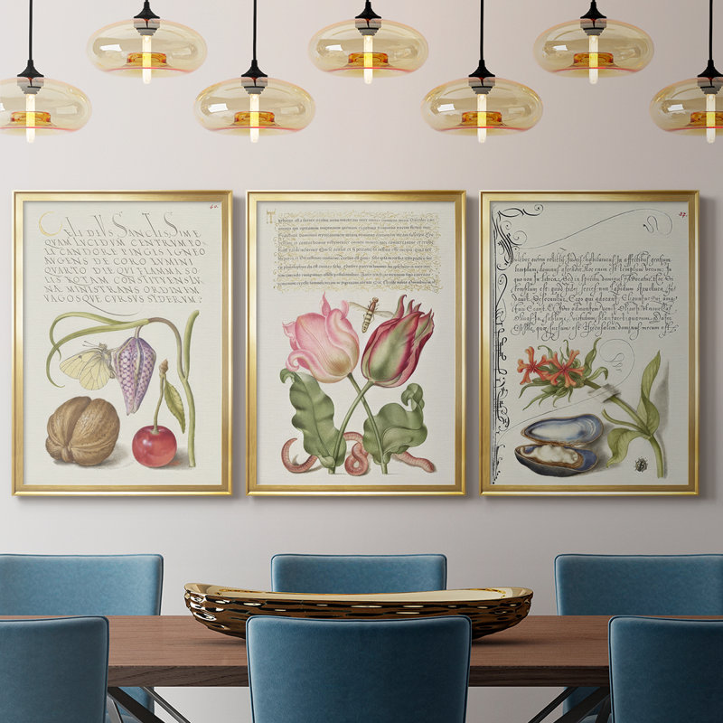 Hoefnagel Tropical Specples IX - Toile tendue avec châssis encadré - 3 pièces, H 21 po x l 30 po, Doré