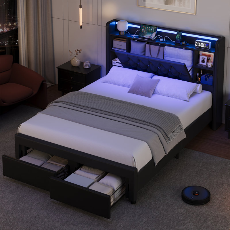 Lit plateforme tapissier, cadre de lit à DEL avec charge intelligente, tête de lit avec rangement, Lit double, Noir