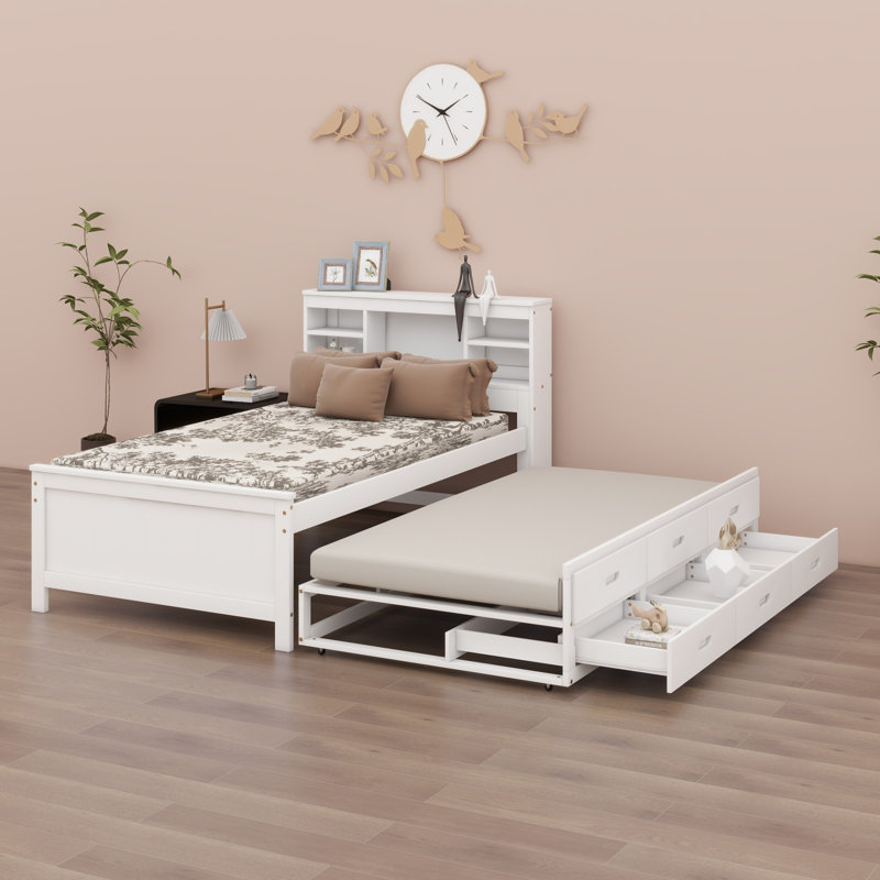 Lit plateforme avec tête de lit, USB, lit gigogne et 3 tiroirs, Lit simple, Blanc