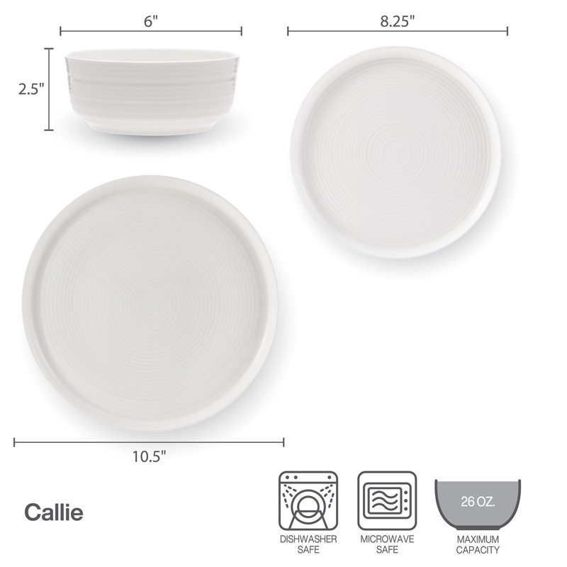 Callie 12-Piece Lightweight Chip-Resistant Bone China Dinnerware Set, Service for 4