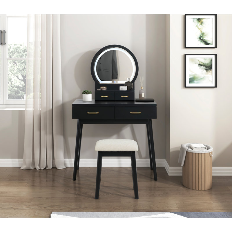 3Pc Vanity Table And Stool Set With LED-Lit Mirror, Black/White Leather