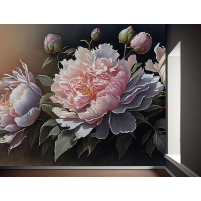 Pink Floral Wall Mural Vintage Peony Garden Moody Botanical Dark Background Wallpaper