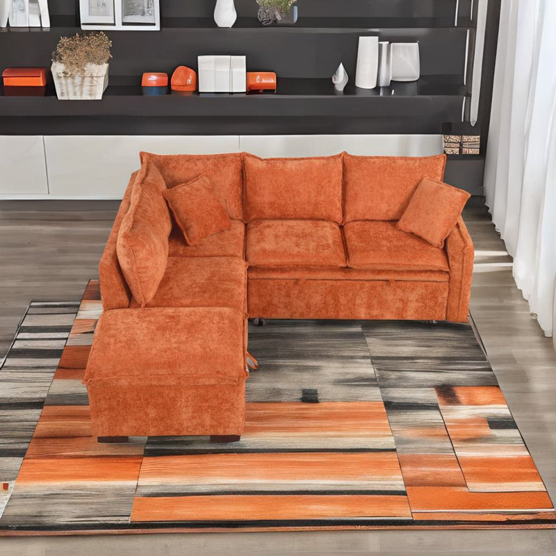Talynn Upholstered L-Shaped Sectional with Ottoman, Orange Chenille