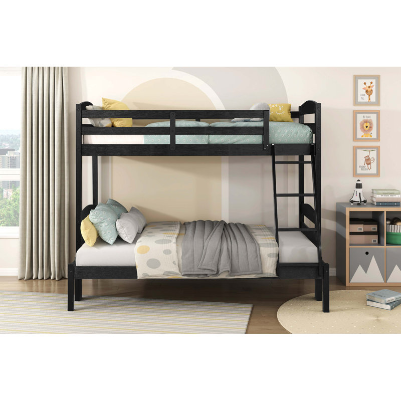 Lit simple superposé au dessus d'un lit double avec garde-corps en bois robuste 1pc, Noir