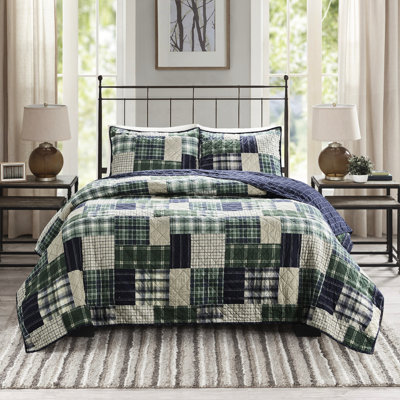 King/ King Reversible Quilt - Navy, Printed Patchwork, All Over Plaid Reverse, Cotton Filled, Zippered Shams, Wash Easily 3 Piece With Plaid, Patchwork Zipper Closure Shams