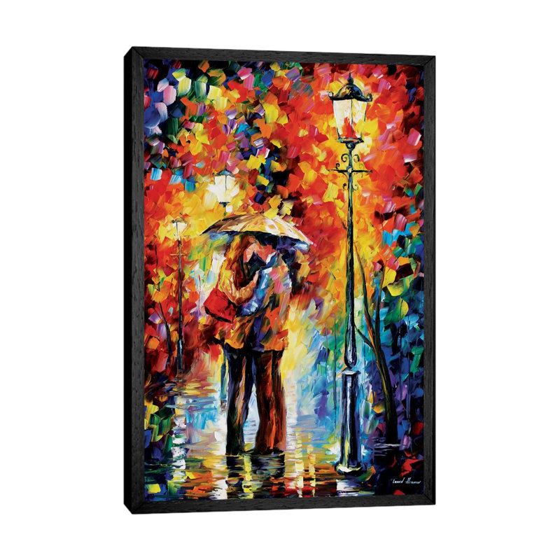 Kiss Under The Rain by Leonid Afremov - Painting on Canvas, 66.04 cm H x 45.72 cm W, Black Framed Canvas