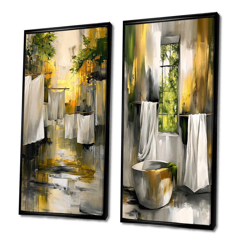 Ensemble de 2 pièces d'art mural blanc en lin blanc, H 28 po x l 24 po, Noir, noir, noir, noir, Impression encadrée