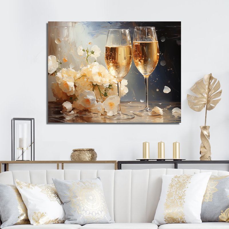 Bulles de fleurs dorées et blanches - Champagne, art mural, H 16 po x l 32 po x P 1 po, Toile tendue