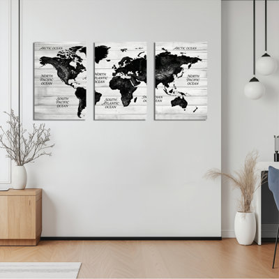 Carte du monde sur bois texturé, reproduction d'art sur toile tendue sur toile, ensemble de 3, pour salon, chambre à coucher, décoration intérieure