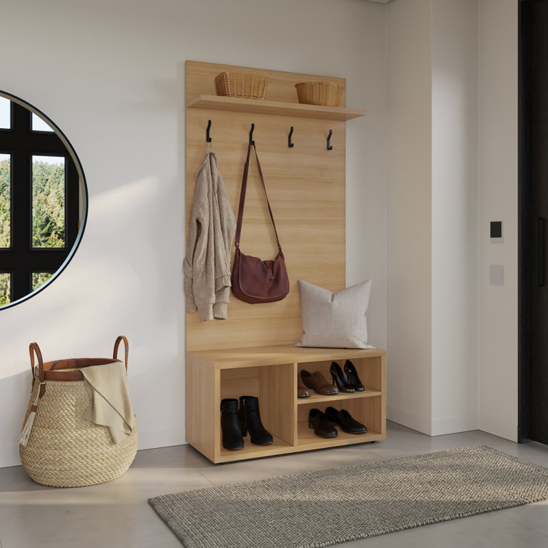 Porto Entryway Shoe Storage Bench with Wall Mounted Coat Rack with Shelf, Beige