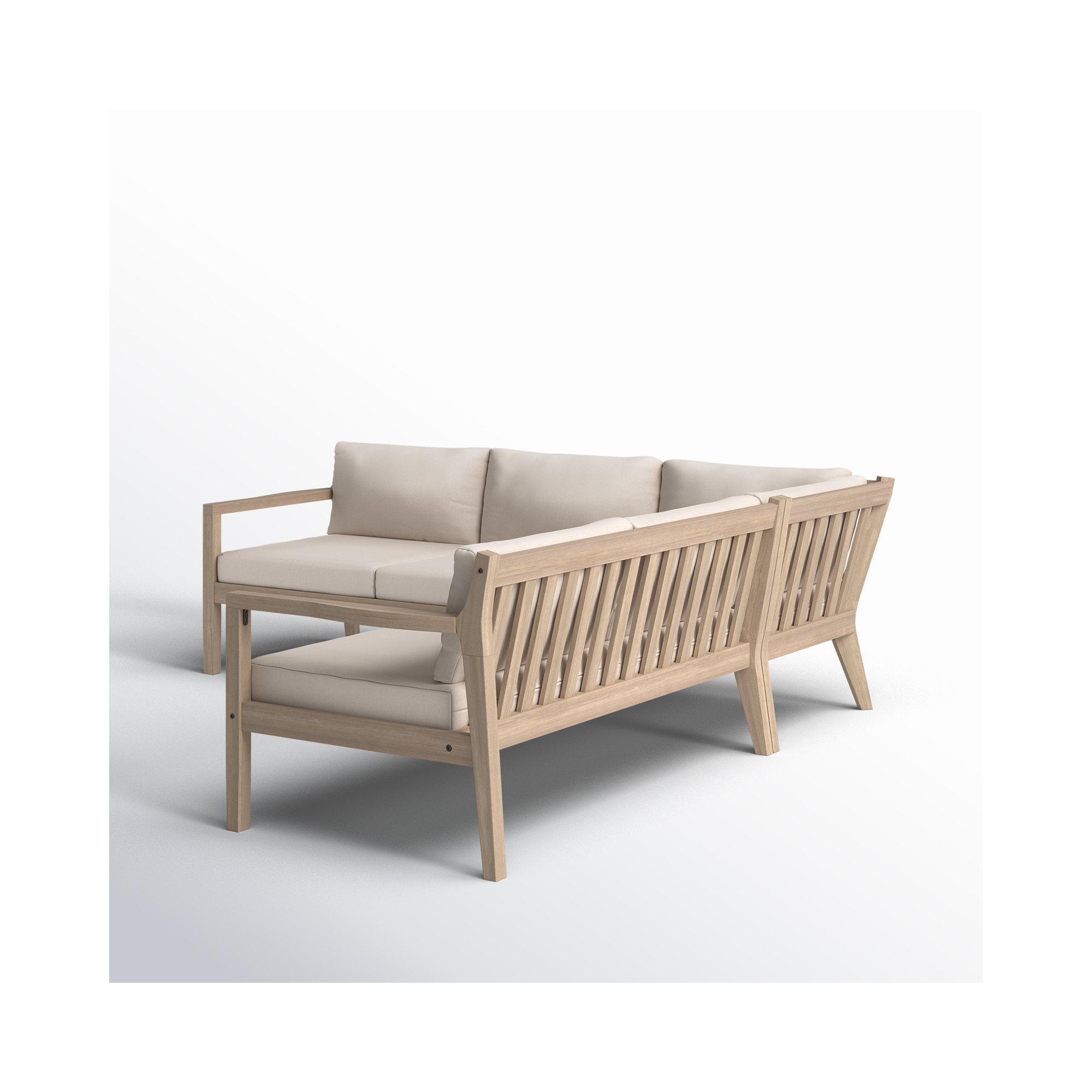 Amina Outdoor Solid Acacia Wood L Shape Sectional 3 Piece Set, Antique Beige Sunbrella® Canvas