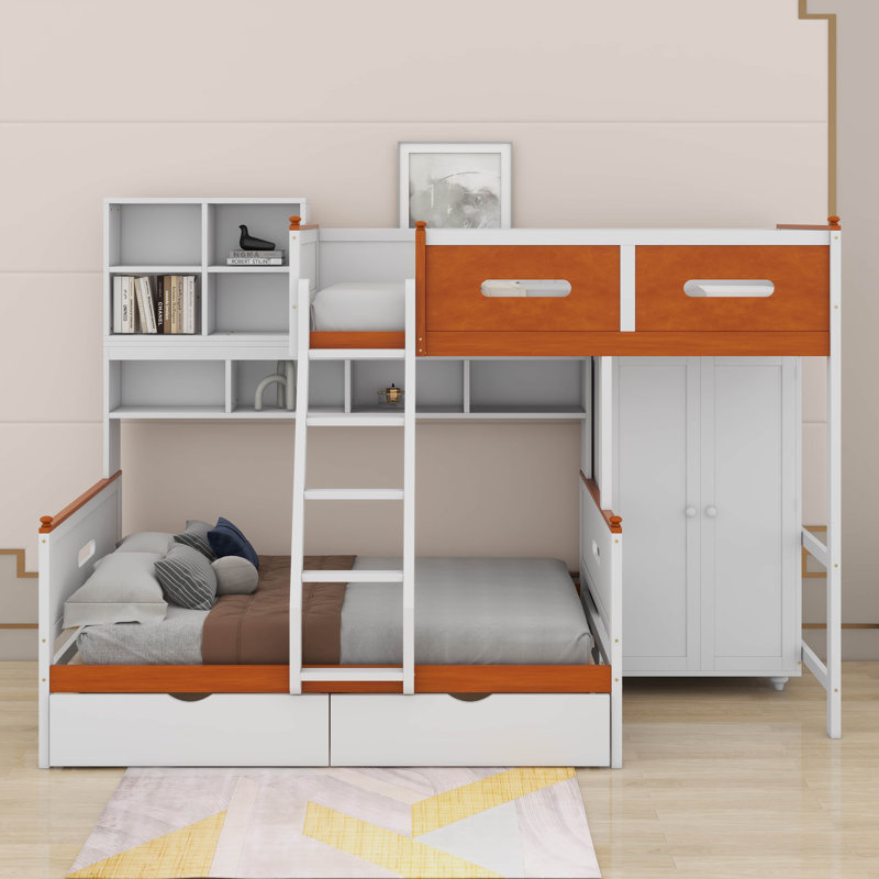 Lit superposé simple au-dessus d'un lit double en bois avec tablettes, tiroirs, garde-robe et lumière DEL