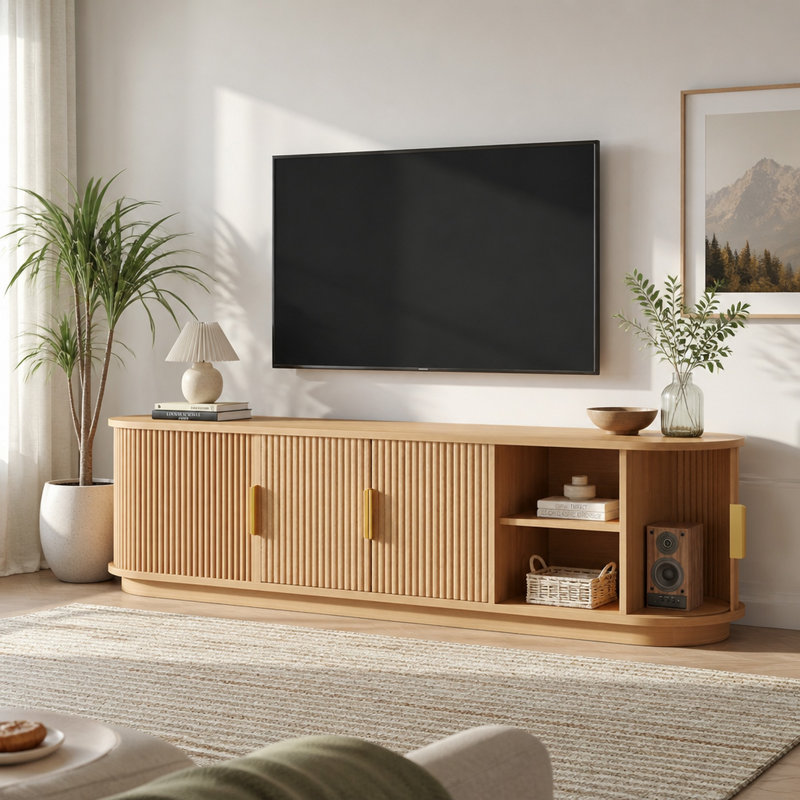 Meuble télé de style champêtre en bois cannelé avec porte coulissante à tambour, console multimédia de rangement réglable avec passe-câbles et poignées dorées pour salon