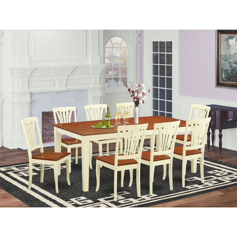 9 Piece Modern Dining Table Set Includes a Rectangle Wooden Table with Butterfly Leaf and 8 Dining Room Chairs, Buttermilk & Cherry