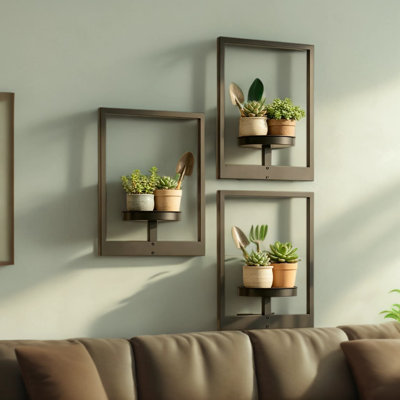 Picture Frame Wall Planters Set of 3, Modern Metal Hanging Shelves for Plants, Rustproof Wall Mount Flower Pot Holder for Indoor Outdoor, Decorative Plant Stand for Living Room Patio