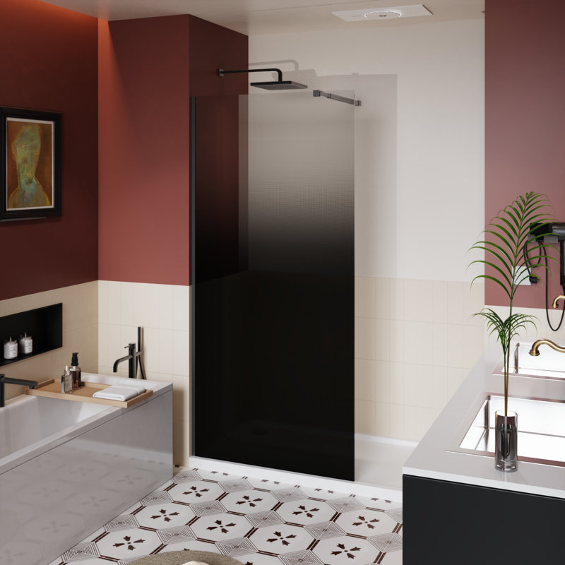 34.In W X 72.In H Shower Door Fixed, 1/4 Inch Thick Black Gradient Tempered Glass Shower Door With Stainless Steel Rod For Walkin Shower, Black